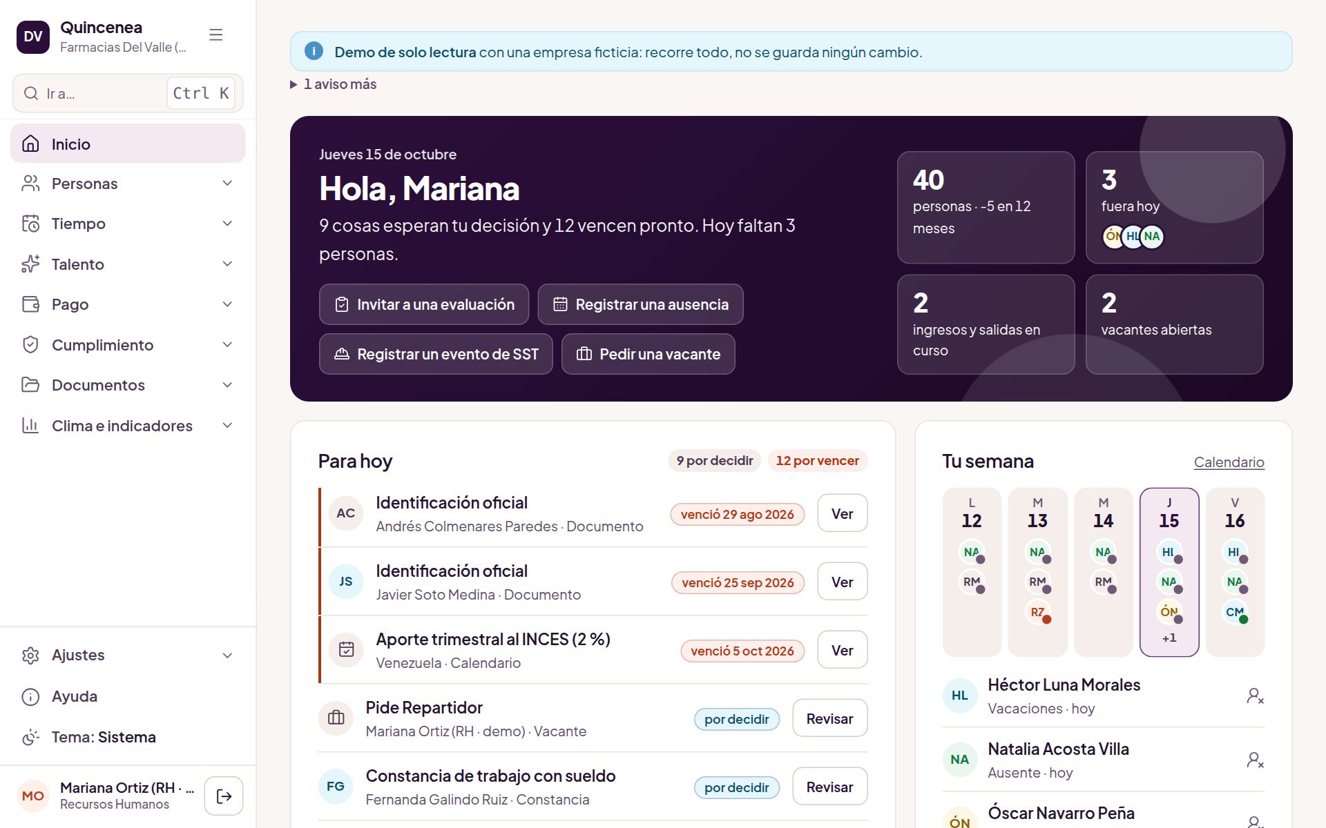 El Inicio de Quincenea: lo que vence esta semana, quién falta hoy y los accesos para registrar una ausencia o pedir una vacante.