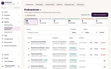 Evaluaciones: cuántas hay completadas, en curso y sin empezar, y la tabla con cada persona evaluada, la batería (por ejemplo Ascenso o Caja y manejo de valores), su estado y su avance en las pruebas.