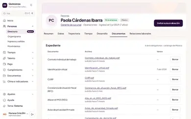 Expediente de una gerente de sucursal ficticia en México: los documentos obligatorios del catálogo de México, como contrato individual de trabajo, identificación oficial con vencimiento, CURP, constancia de situación fiscal y alta en el IMSS.