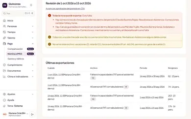 Revisión de la quincena del 1 al 15 oct 2026 antes de exportar a Aspel NOI: avisa que todavía no se puede exportar por una corrección de checada y marcas sin conexión pendientes, y abajo la lista de las últimas exportaciones de México y Venezuela con su periodo y renglones.