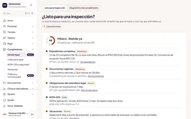 «¿Listo para una inspección?» de México con calificación 44 de 100 y estado Atender ya: expedientes completos 14 de 25, documentos vigentes con 1 vencido, obligaciones del calendario legal por revisar, NOM-035 al día y vacaciones, cada punto con su artículo de ley.