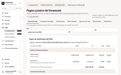 Pagos y pasivo de Venezuela, cierre de septiembre de 2026: pagado el 30 sep a la tasa BCV del día, con cada concepto por persona (salario básico y cestaticket) en USD y su equivalente en bolívares, y la tasa BCV vigente arriba a la derecha. Tasas de ejemplo.